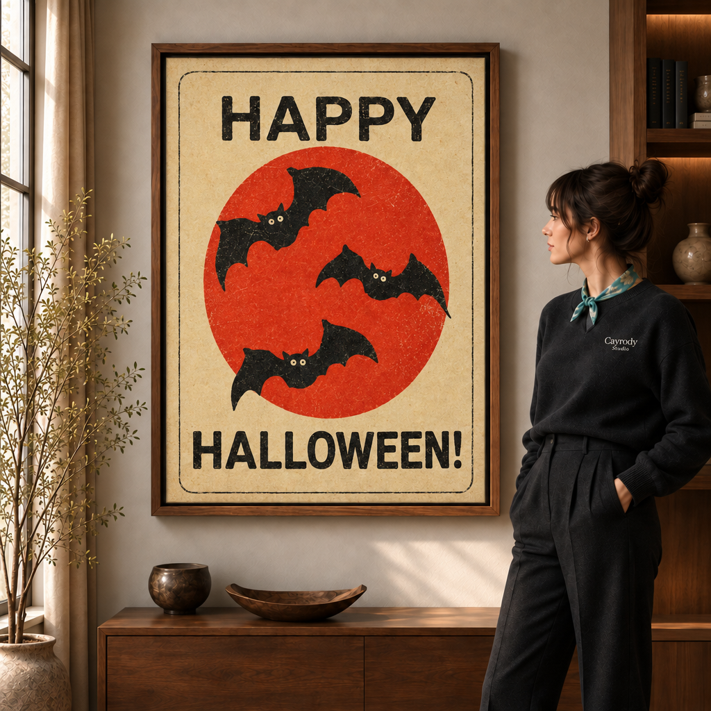 Framed vintage Happy Halloween bat poster displayed above a walnut console beside a woman.