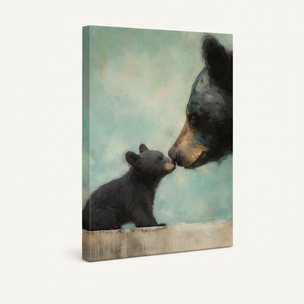 Gallery-wrapped canvas side view of bear and cub wildlife print showing soft teal wrapped edges and brushstroke texture