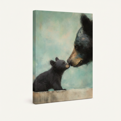Gallery-wrapped canvas side view of bear and cub wildlife print showing soft teal wrapped edges and brushstroke texture