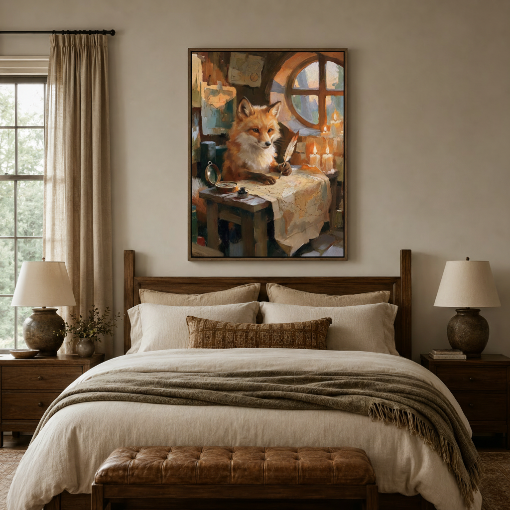 Storybook fox at candlelit desk with quill and map impasto canvas in walnut float frame above bedroom headboard