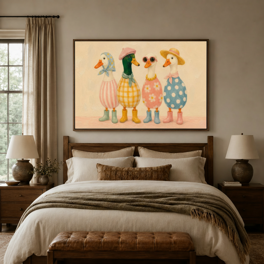 Whimsical fancy ducks in dresses canvas wall art displayed above cozy bedroom headboard