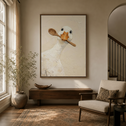 White goose with wooden spoon impasto canvas art in walnut float frame in warm neutral entryway
