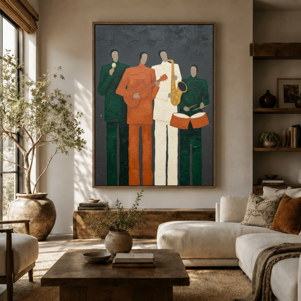 Jazz band impasto oil painting canvas art in dark walnut frame above console in warm living room