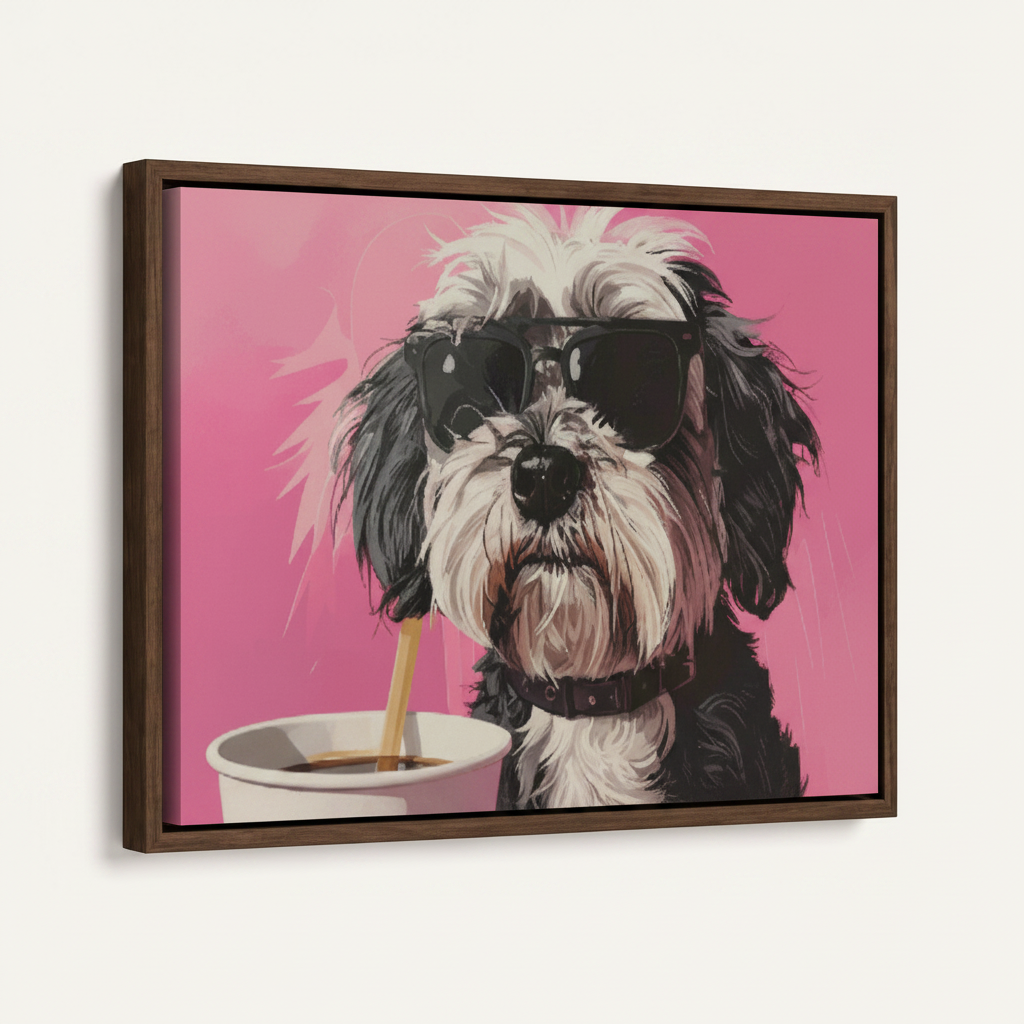 Pop art dog canvas wall art with floating frame, angled close-up view on white background