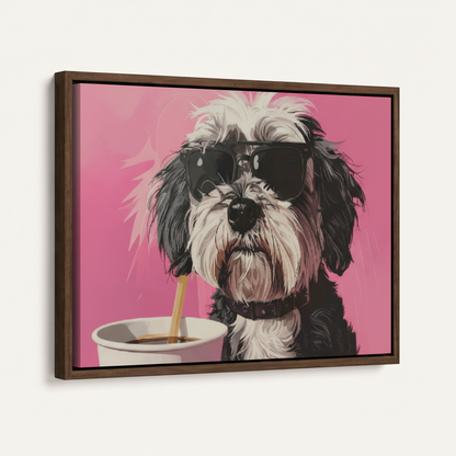 Pop art dog canvas wall art with floating frame, angled close-up view on white background