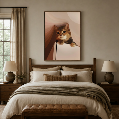 Soft digital illustration ginger cat peeking from bag canvas wall art in walnut float frame above bedroom bed