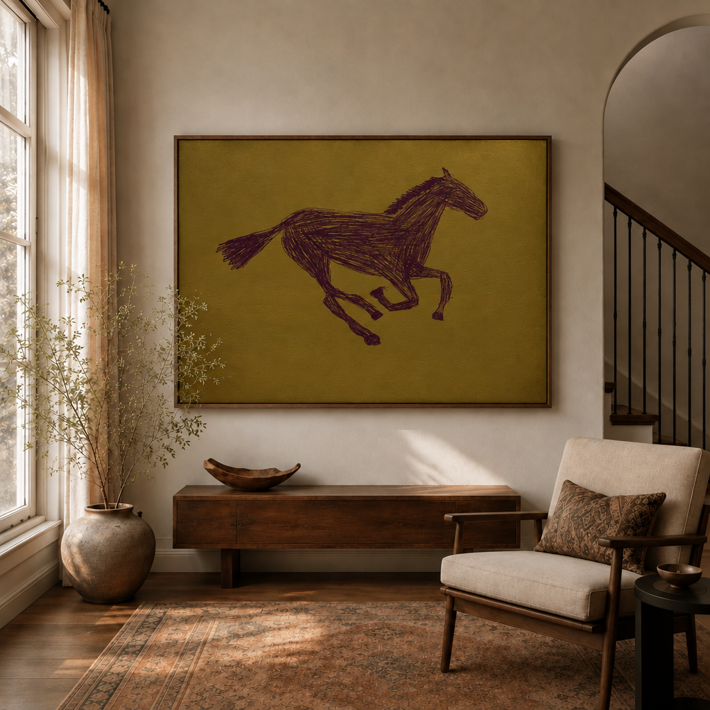 Dark horse sketch wall art in a wooden frame above a wooden sideboard in a sunlit living room with tall windows and a staircase