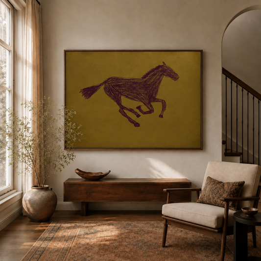 Dark horse sketch wall art in a wooden frame above a wooden sideboard in a sunlit living room with tall windows and a staircase