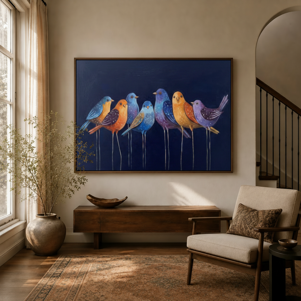 Colorful whimsical birds framed canvas wall art displayed in a warm entryway above a wooden console table