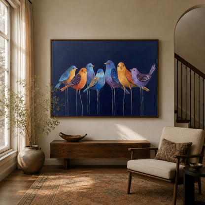 Colorful whimsical birds framed canvas wall art displayed in a warm entryway above a wooden console table