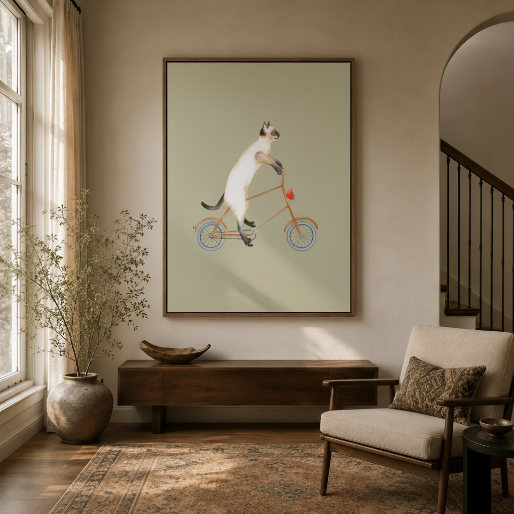 Siamese cat bicycle whimsical wall art print in thin dark wood float frame displayed in a warm entryway