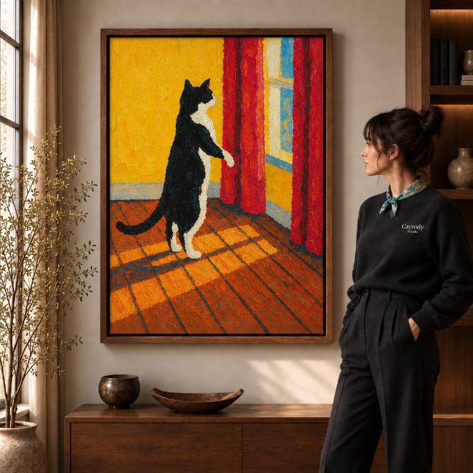 Cat canvas wall art featuring a small feline character.