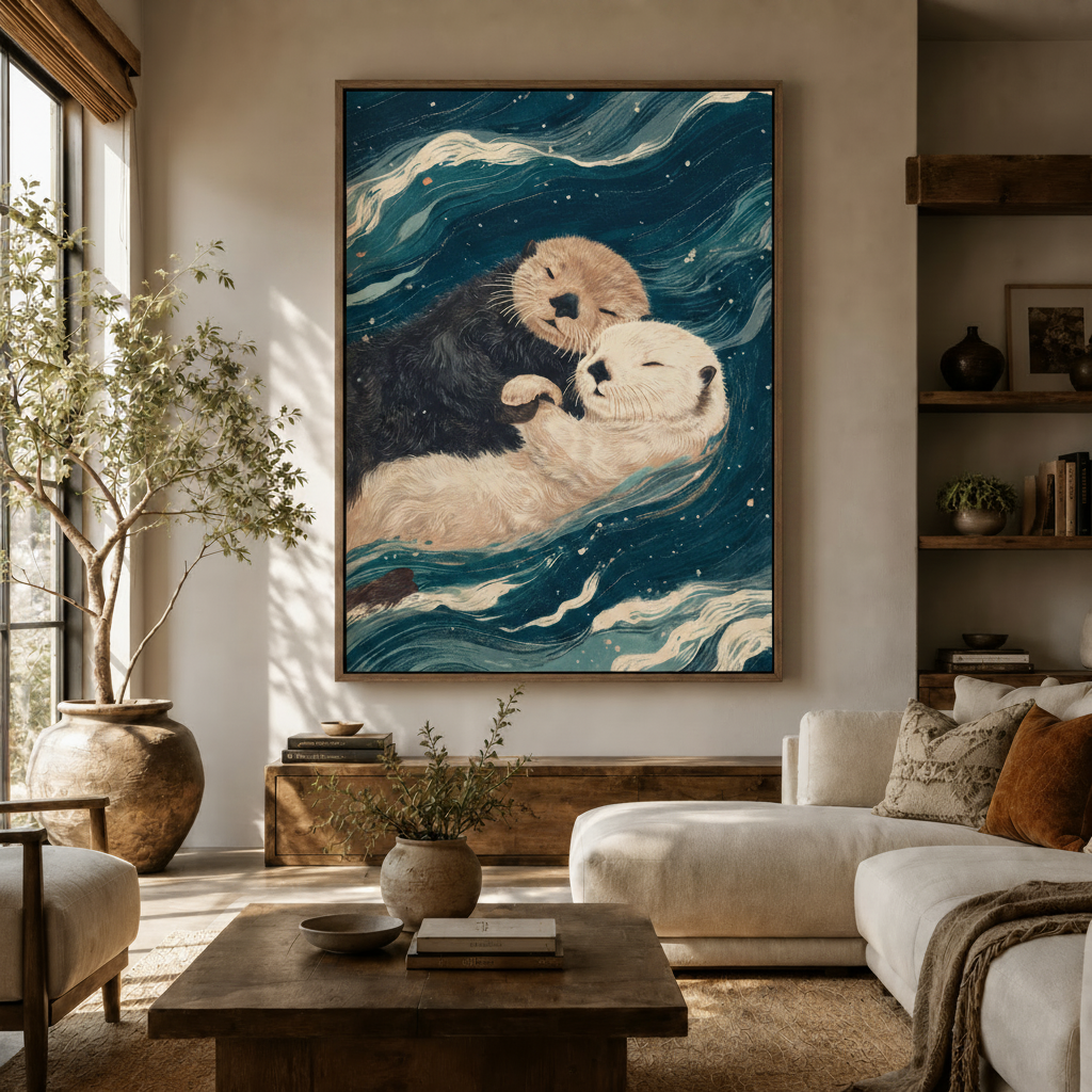 Cuddling otters Japanese ukiyo-e wall print in walnut float frame displayed above wooden sideboard in warm living room
