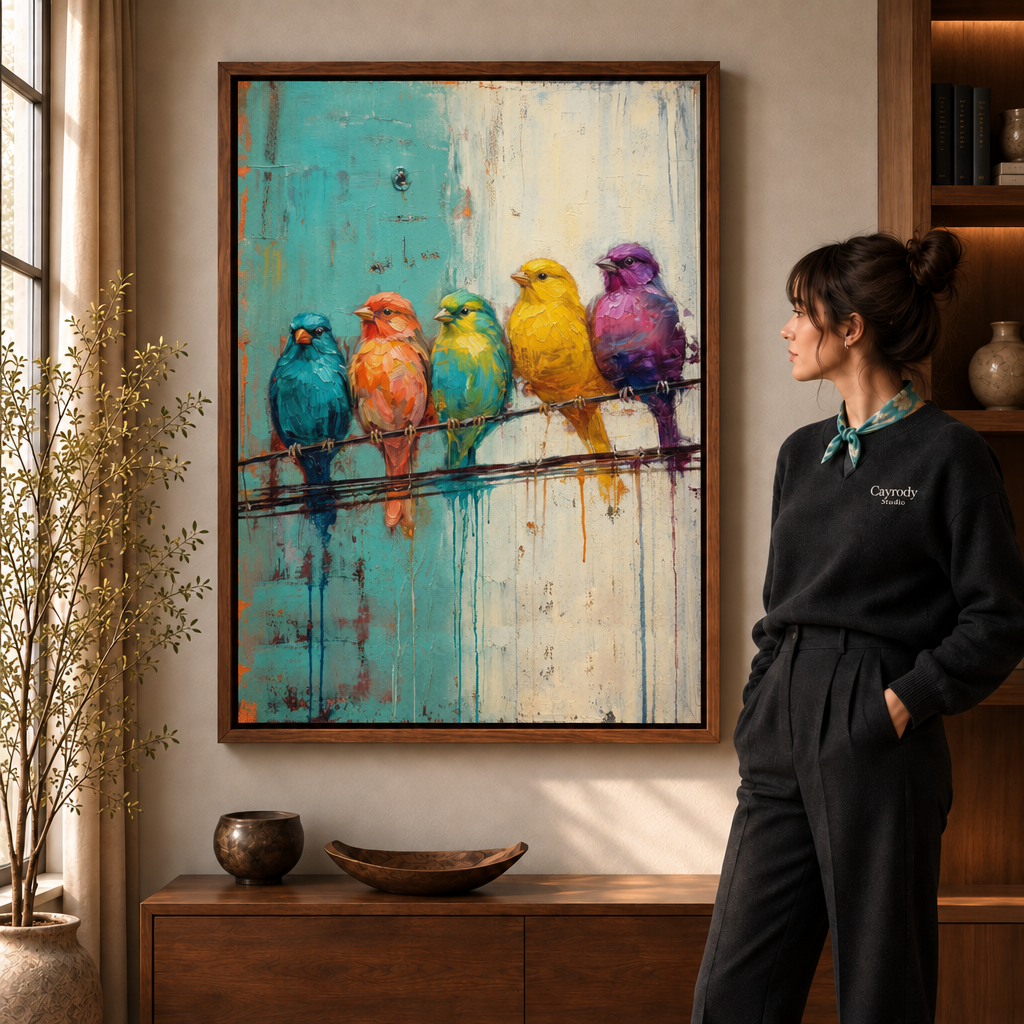 Colorful five-bird canvas wall art in a dark frame above a sideboard, styled beside a woman in black.