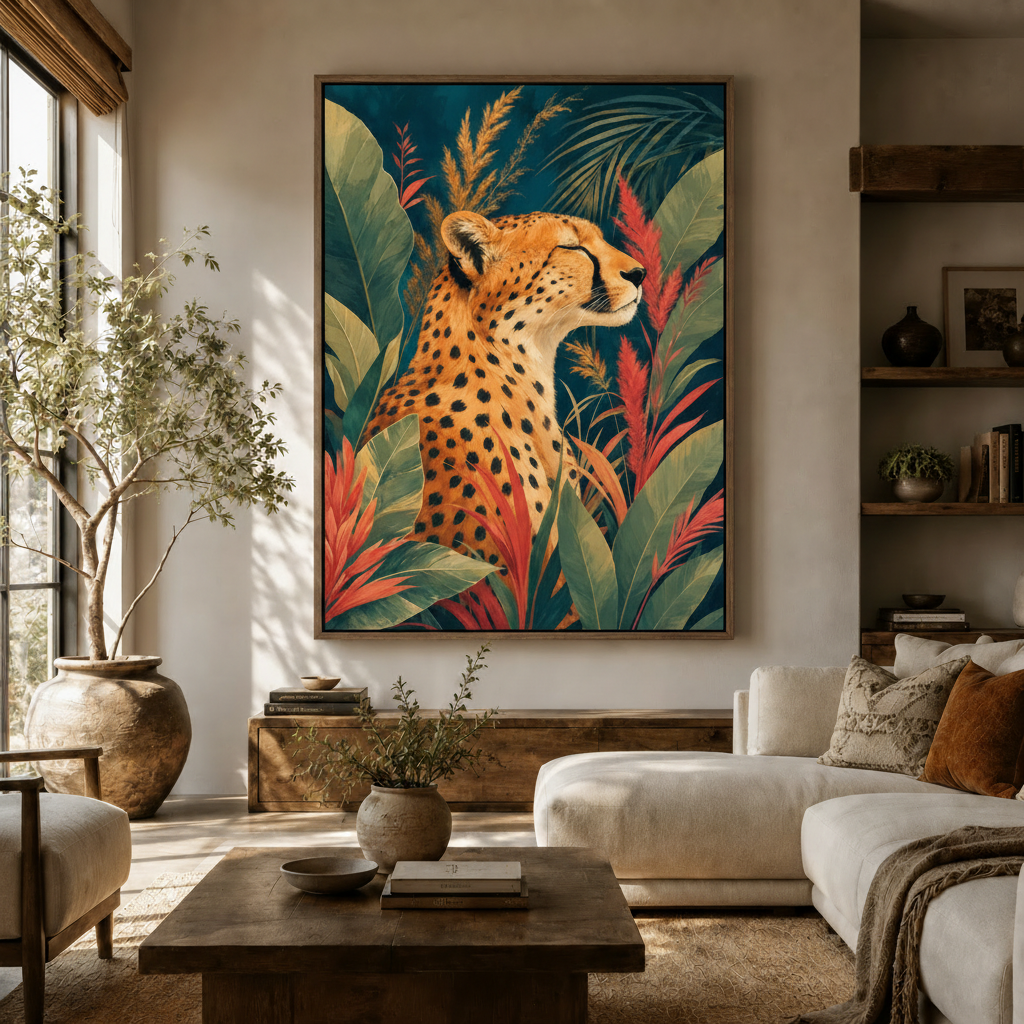 Cheetah tropical botanical canvas print in walnut float frame above dark wood console in warm modern living room