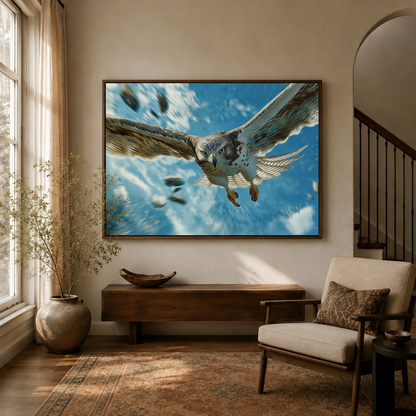 Hyperrealistic falcon canvas wall art displayed above a console table in a bright entryway hallway