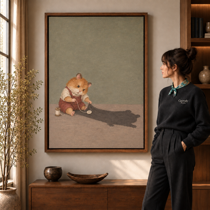 Mouse sewing its shadow canvas in a walnut frame beside a woman wearing a scarf.