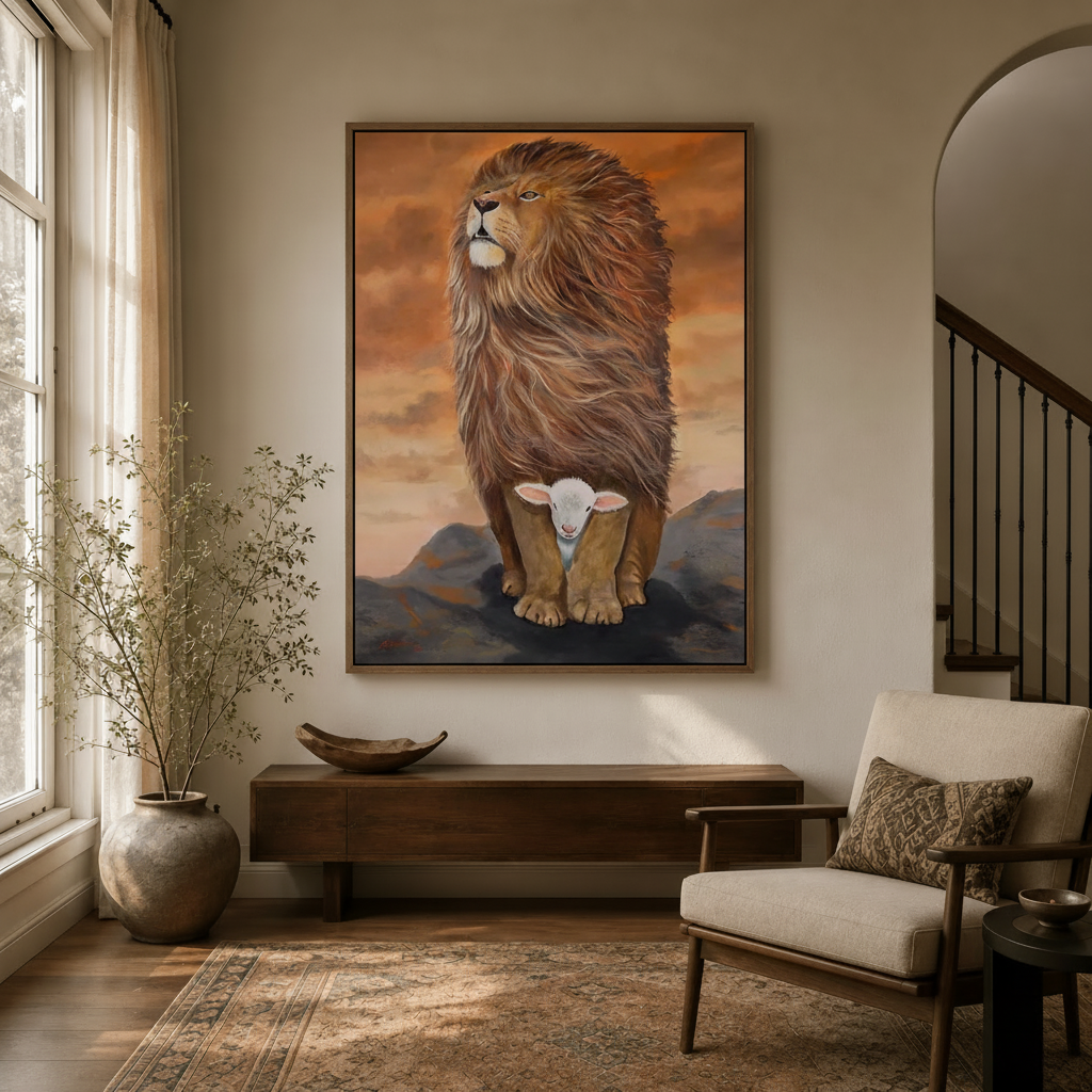 Lion and lamb realistic canvas wall art displayed in a warm entryway above a wooden console with terracotta vase