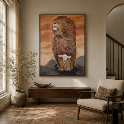 Lion and lamb realistic canvas wall art displayed in a warm entryway above a wooden console with terracotta vase