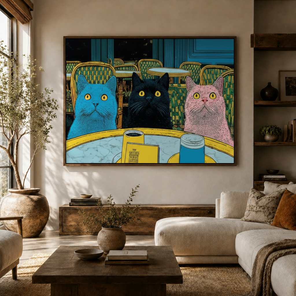 Three cats Parisian cafe pop art canvas wall art displayed in warm neutral living room