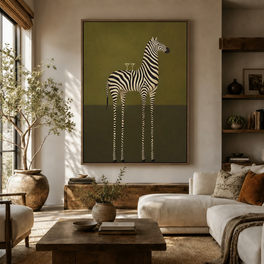 Minimalist zebra martini canvas print displayed above white sofa in a neutral living room