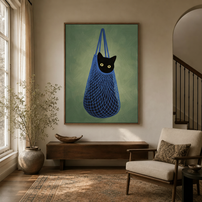 Black cat canvas wall art in blue net bag displayed in entryway beside dried branch vase