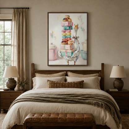 Whimsical goose balancing pastel macaron gift boxes impasto canvas in dark walnut frame above cozy bedroom