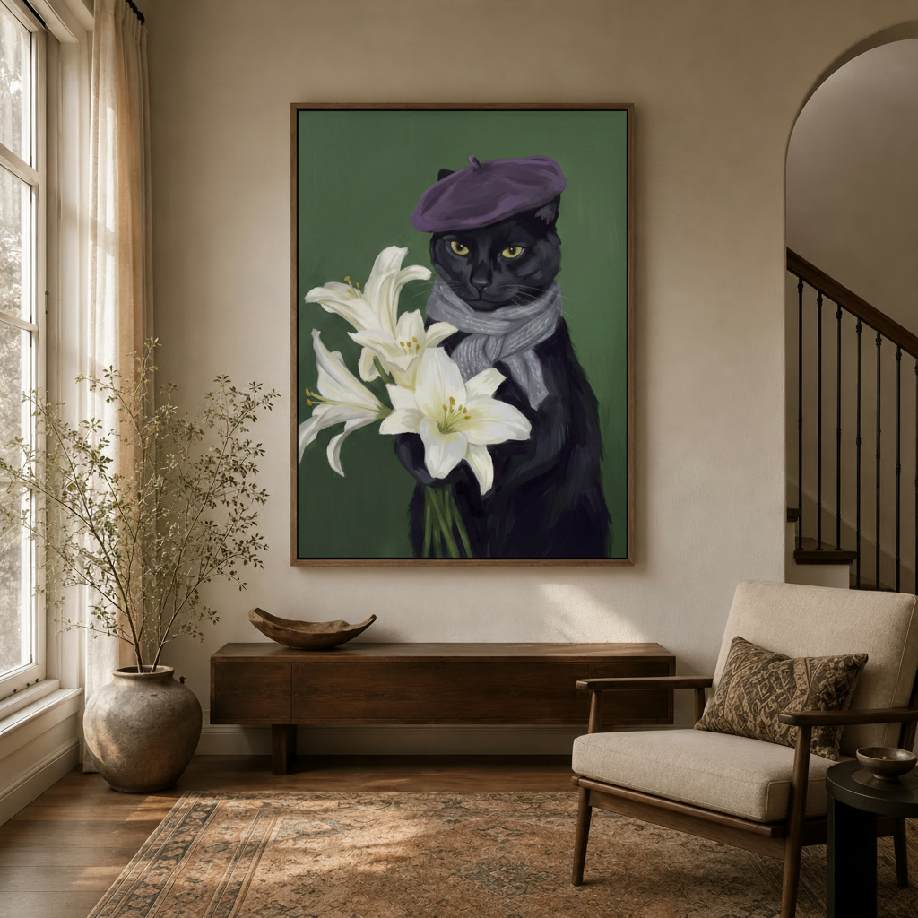 Whimsical black cat in purple beret canvas wall art displayed in a warm entryway above a walnut console