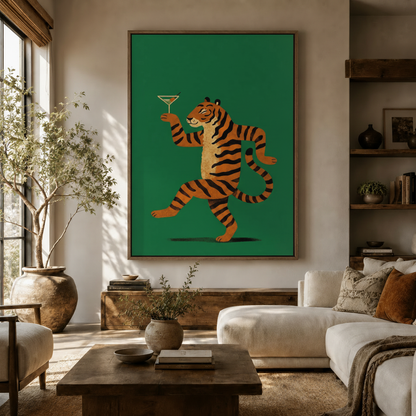 Retro pop art tiger canvas print displayed in a warm modern living room above a wood sideboard