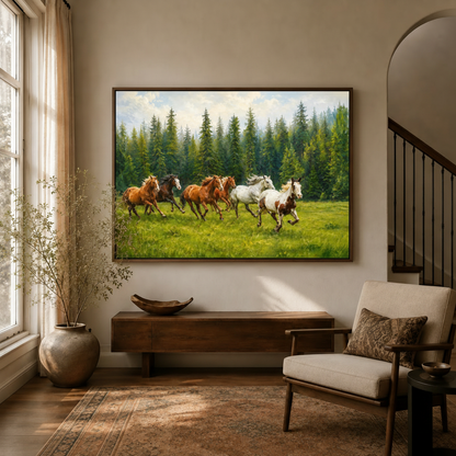 Wild running horses canvas print displayed in warm living room entryway above dark walnut console
