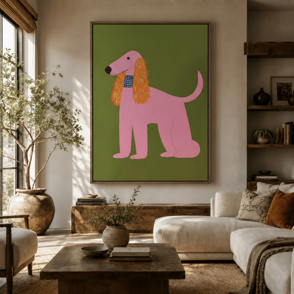 Bold pink dog canvas print hanging in a sunlit living room above a walnut sideboard with olive tree.