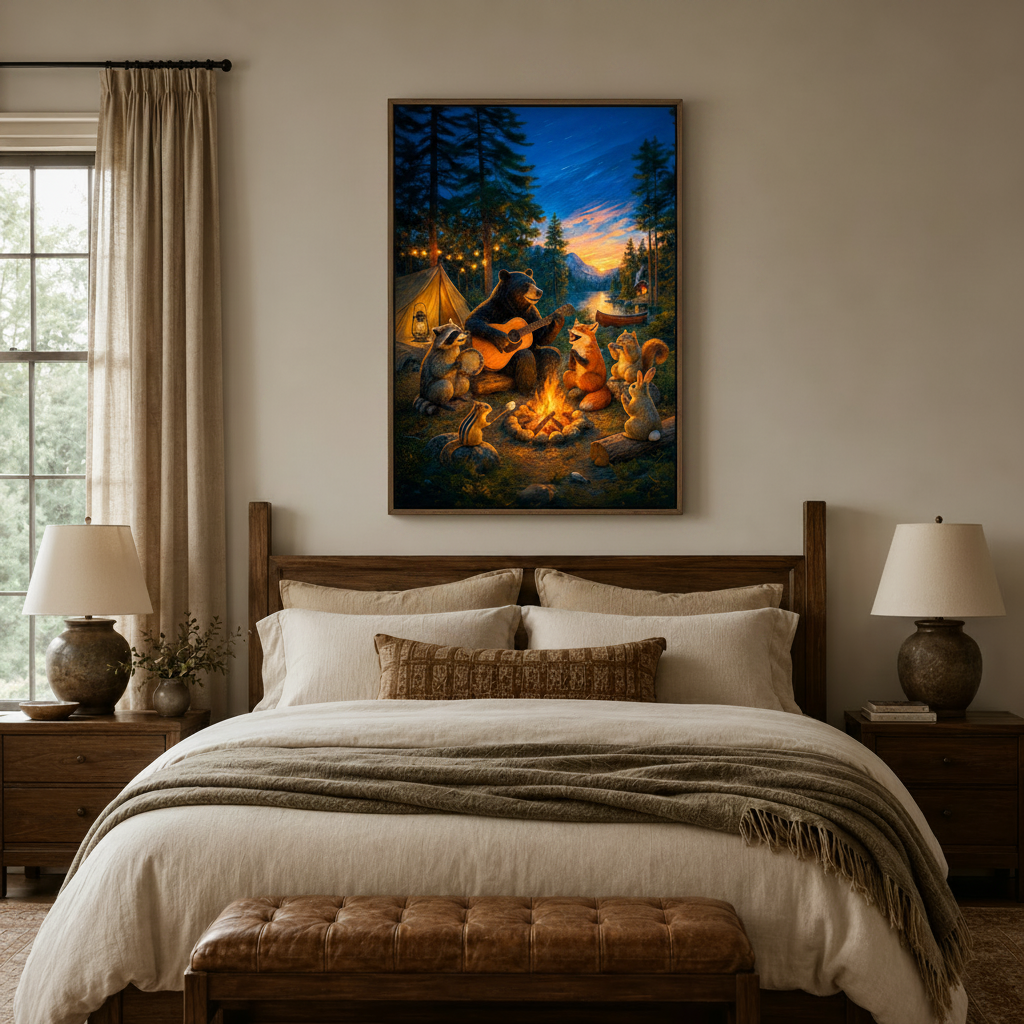 Whimsical forest animals campfire canvas wall art framed above bed in cozy bedroom