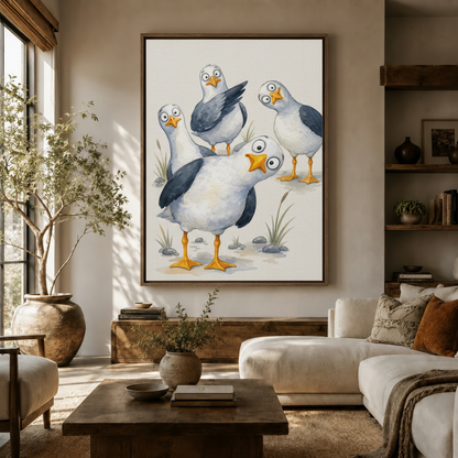 Funny seagull whimsical watercolor canvas wall art hung above wood console in bright Scandinavian-style living room