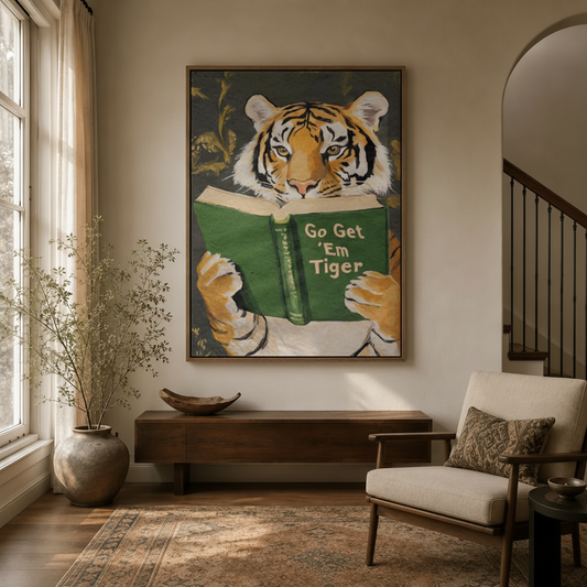 Funny tiger reading book framed canvas wall art styled in a warm modern entryway with neutral tones