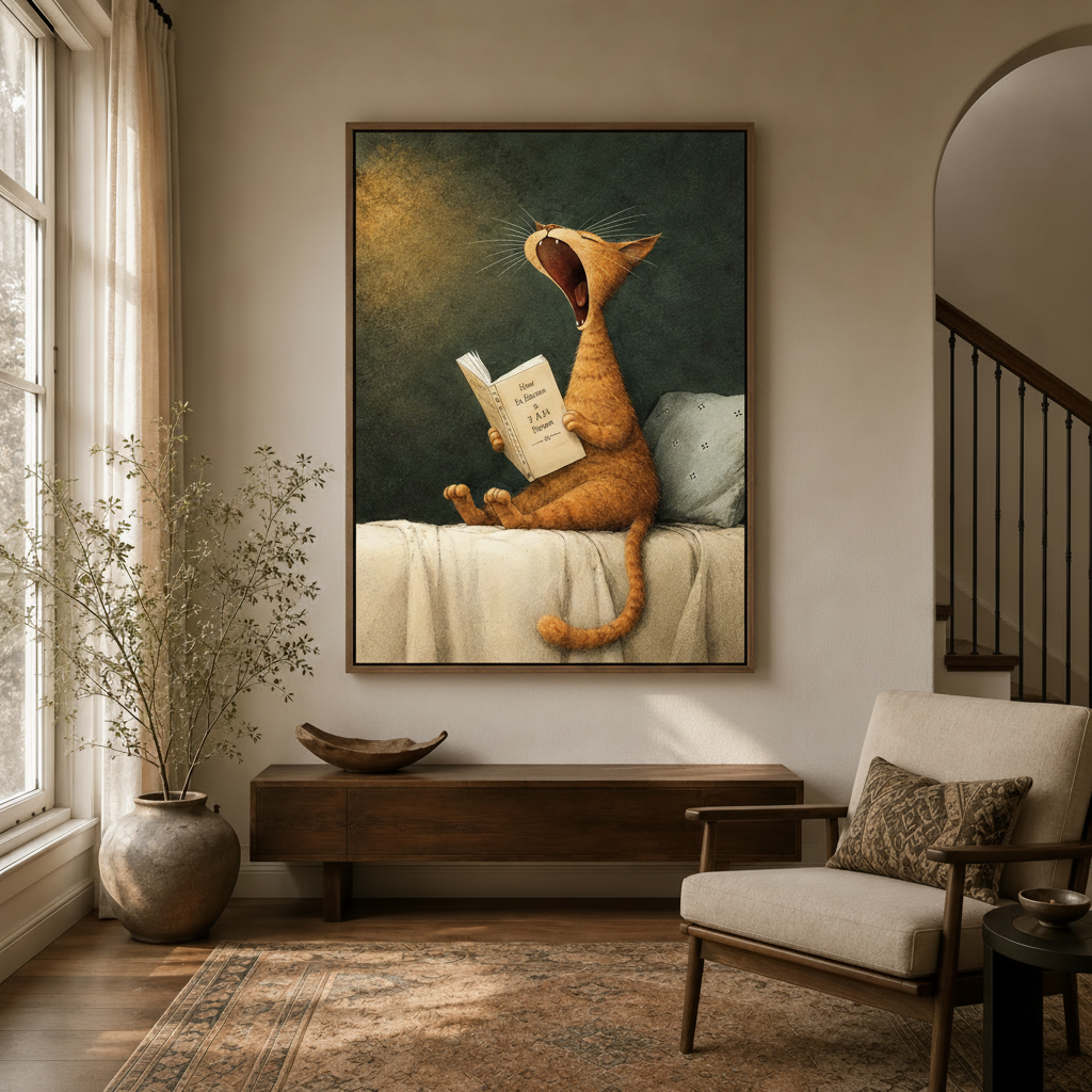 Funny cat wall art print displayed above wooden console in bright modern entryway with arched doorway