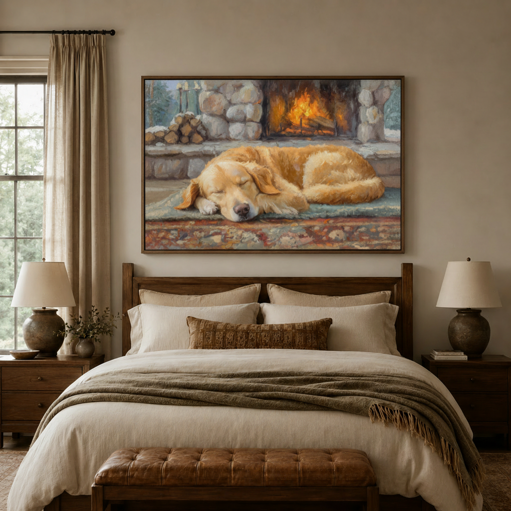 Golden retriever sleeping by fireplace classical canvas wall art above cozy bedroom headboard