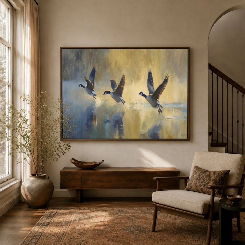 Canada geese watercolor canvas wall art displayed above a sideboard in a warm entryway