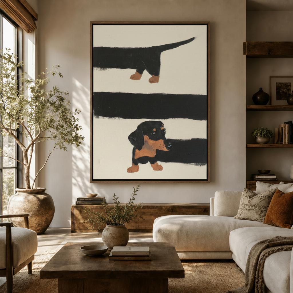 Minimalist dachshund canvas wall art hanging above wooden console in warm Japandi living room