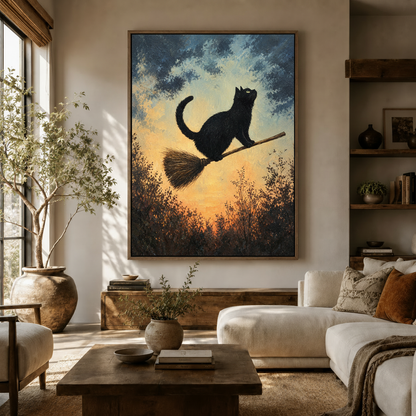 Black cat on broomstick twilight oil painting in dark walnut float frame above living room sofa