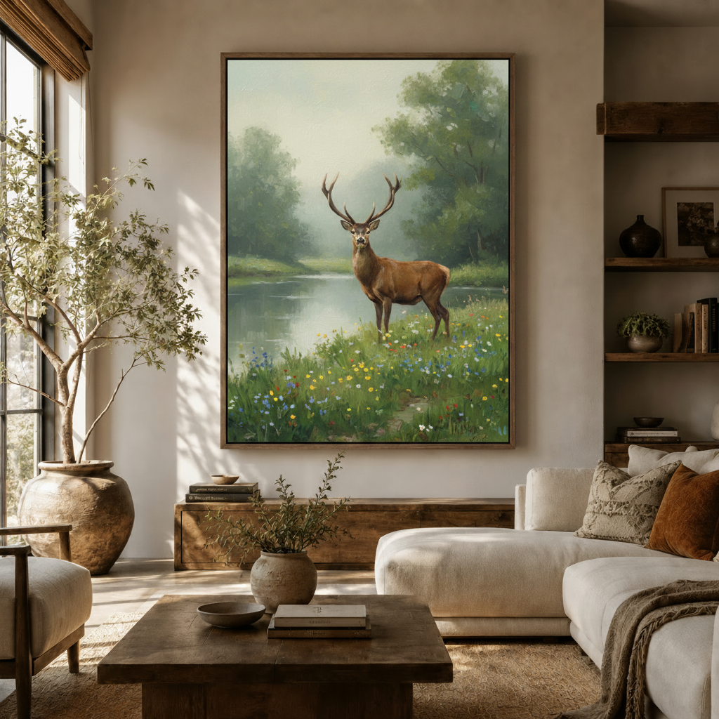 Stag wildflower meadow oil painting canvas art in dark walnut frame above console in warm living room