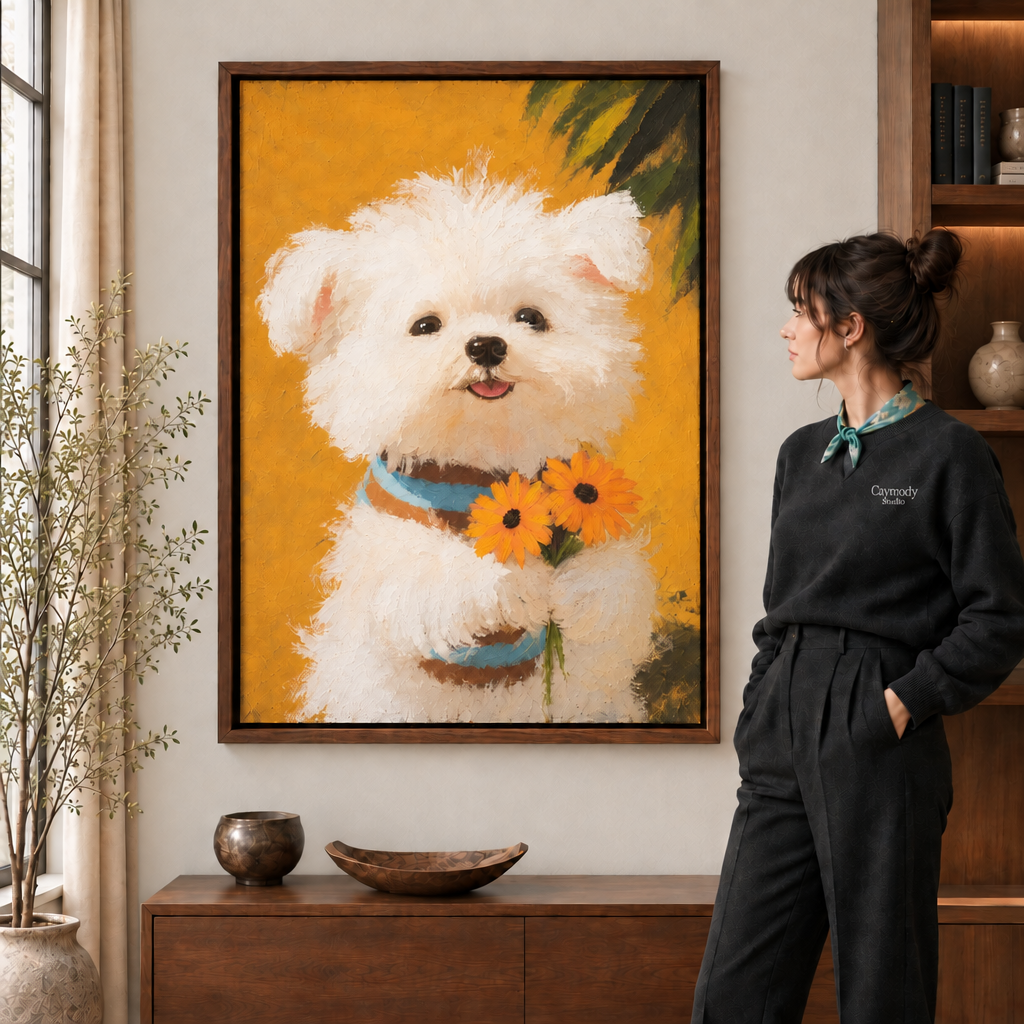 Woman in black sweater beside a walnut frame with playful puppy wall art, orange sunflowers on a golden background.