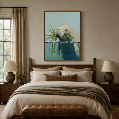 Impasto manatee seagrass canvas wall art displayed above a dark walnut bed in a warm neutral bedroom