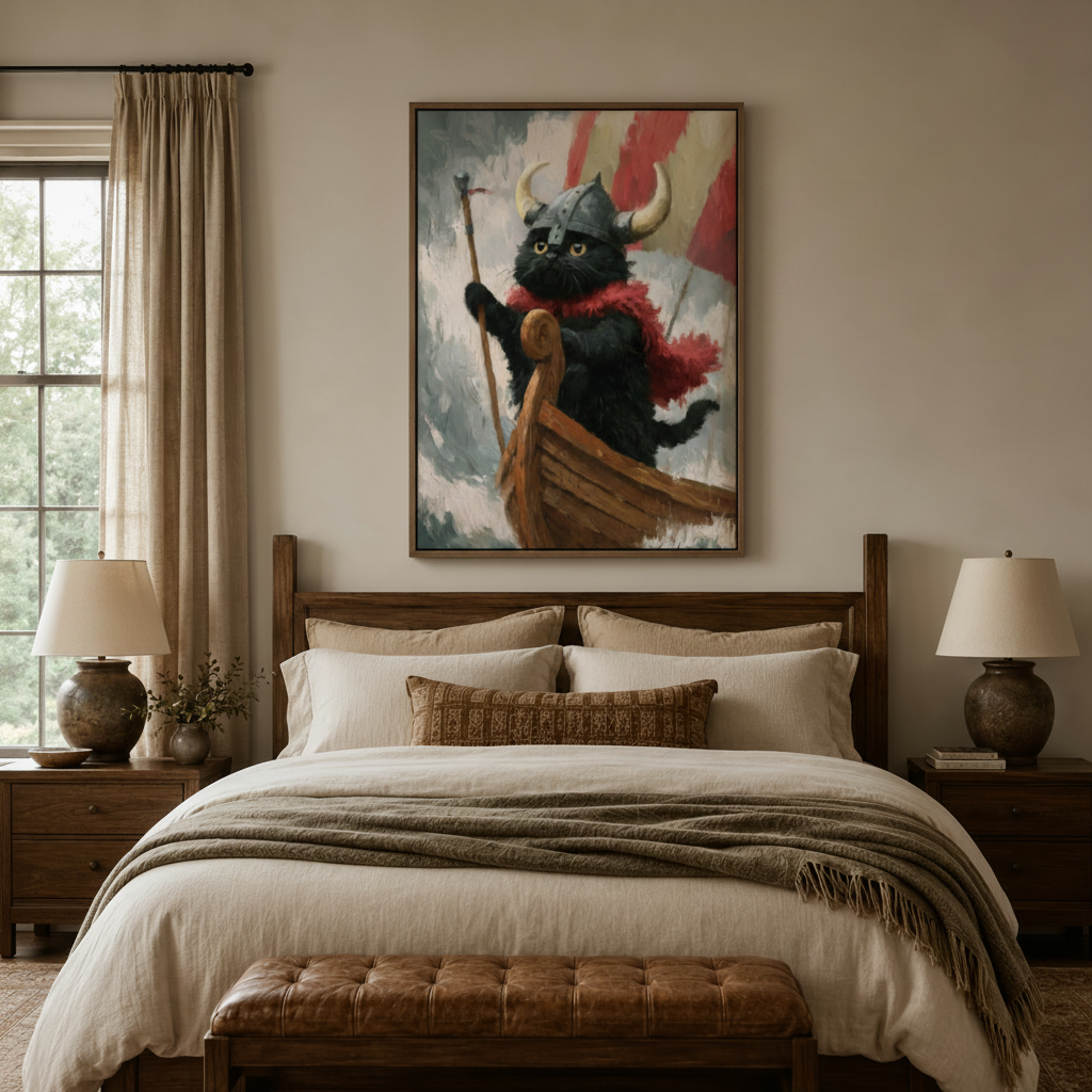 Viking cat canvas wall art displayed above bed in warm rustic bedroom