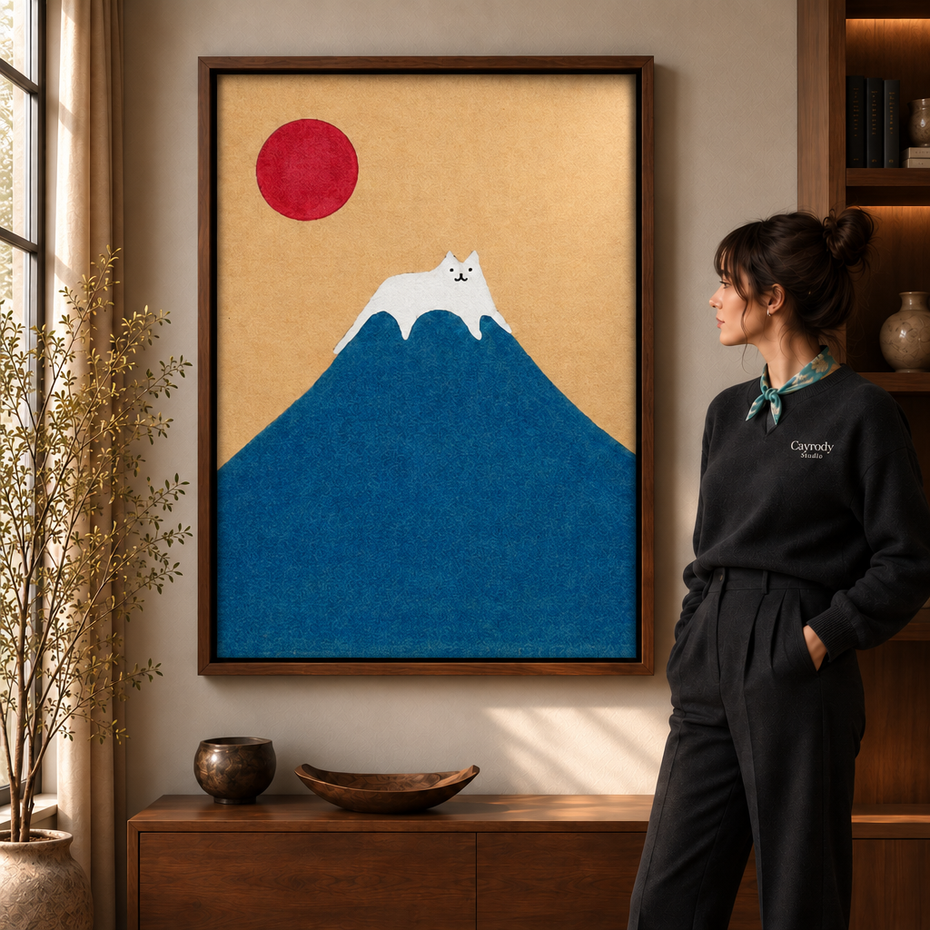 Woman in a black sweater and scarf viewing a framed white cat mountain artwork with a red sun in a warm living room.