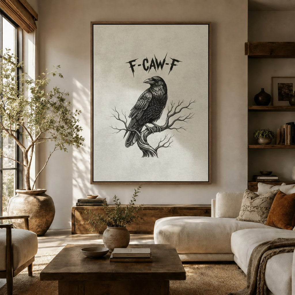 Gothic raven framed canvas print displayed in warm living room above wooden sideboard with olive tree