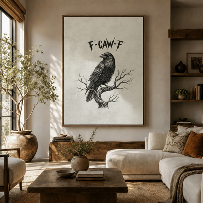 Gothic raven framed canvas print displayed in warm living room above wooden sideboard with olive tree