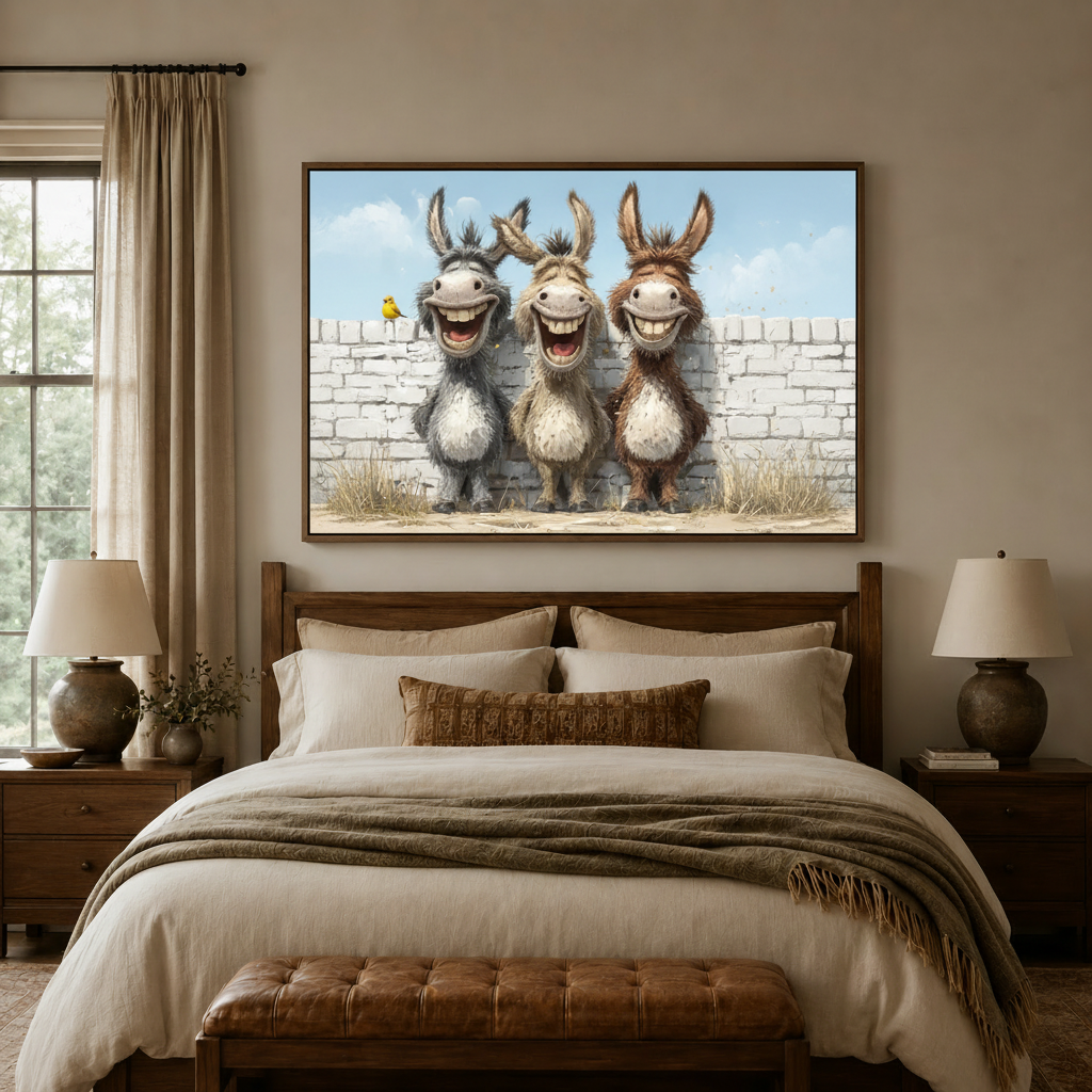 Three laughing donkeys cartoon canvas wall art displayed large above warm dark walnut bedroom headboard