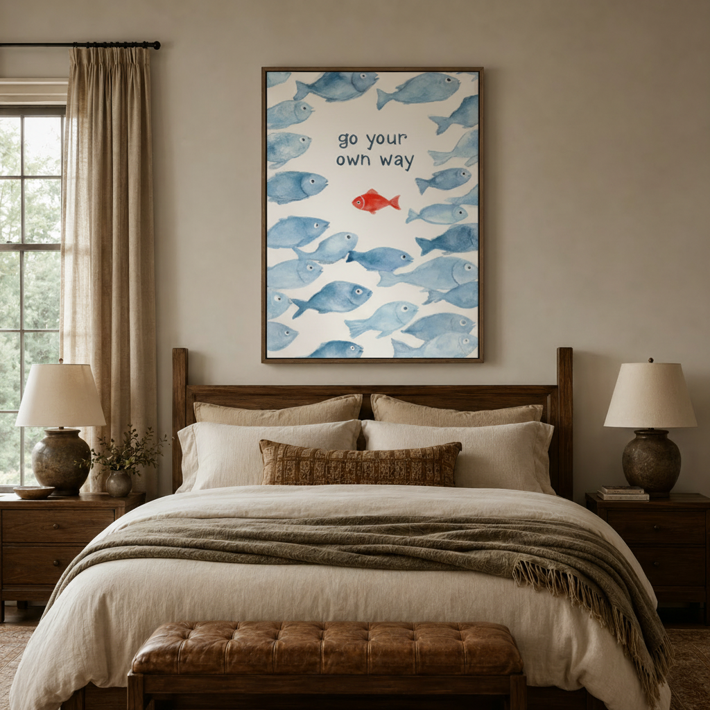 Red fish go your own way watercolor canvas in walnut float frame above cozy neutral bedroom headboard