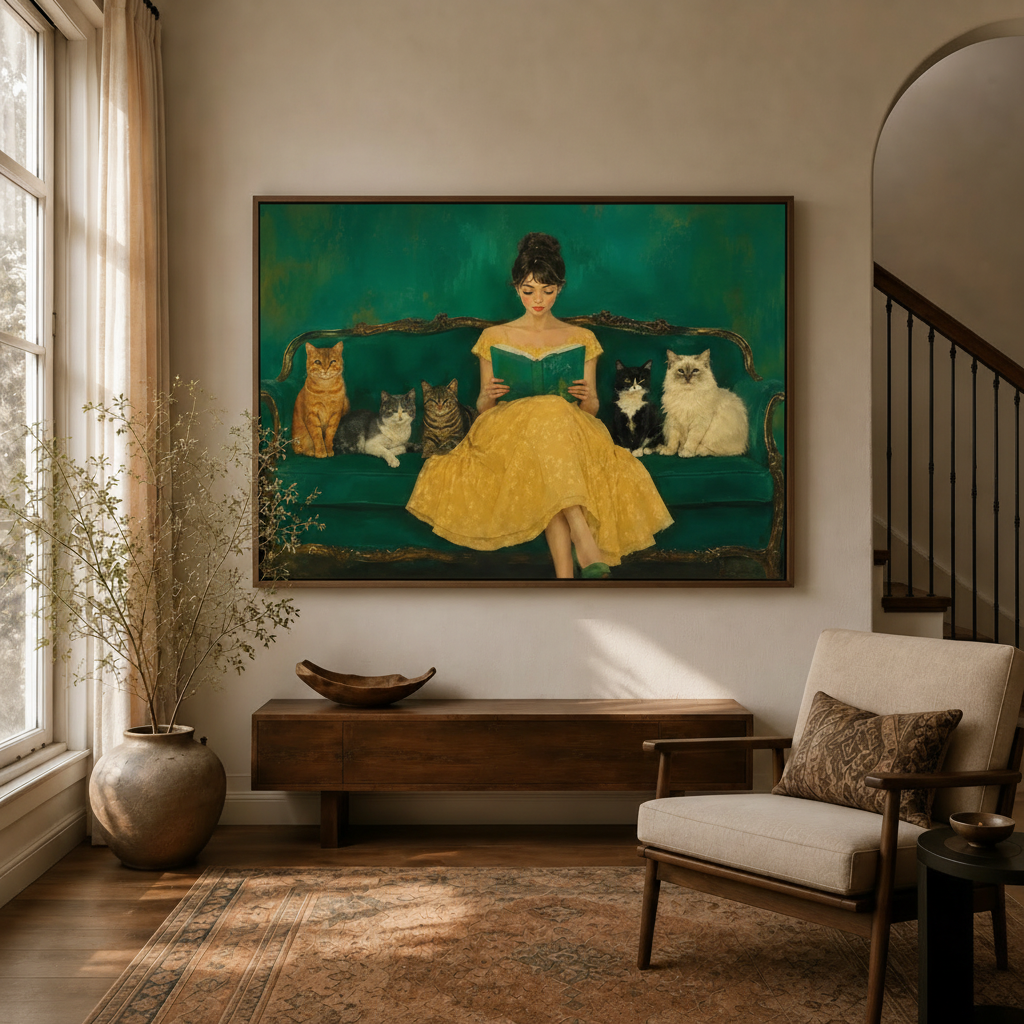 Vintage lady and cats framed canvas wall art displayed above console in warm living room entryway