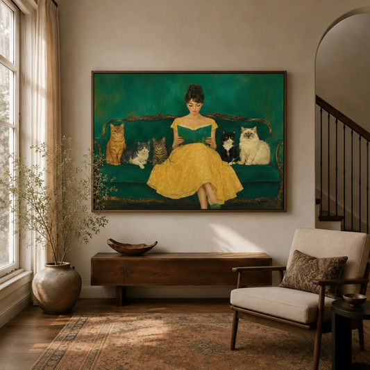 Vintage lady and cats framed canvas wall art displayed above console in warm living room entryway